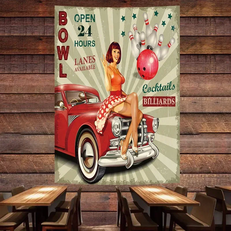 Auto Repair Shop Hours - ボウルオープンヴィンテージ車のポスター、タペストリー、壁画、女の子の旗をピンナップ、壁画、壁画、庭、自動車修理、店、壁の装飾バナー、24時間
